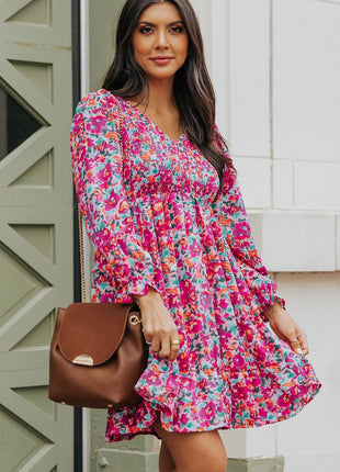 Floral Smocked V-Neck Flounce Sleeve Dress - MimiStylez