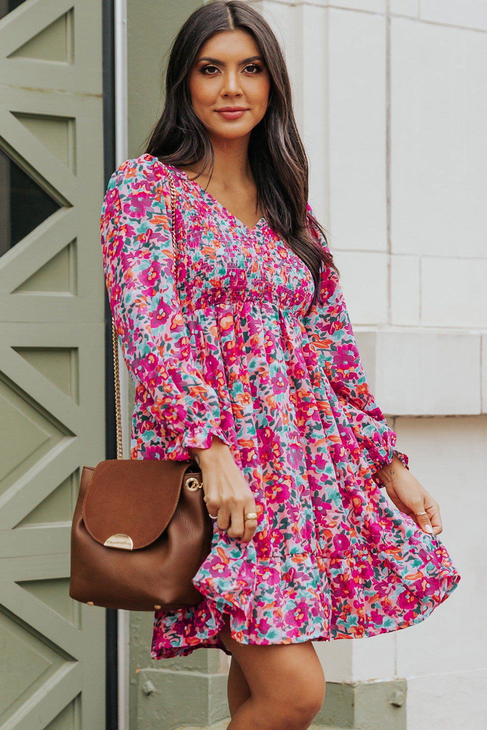 Floral Smocked V-Neck Flounce Sleeve Dress