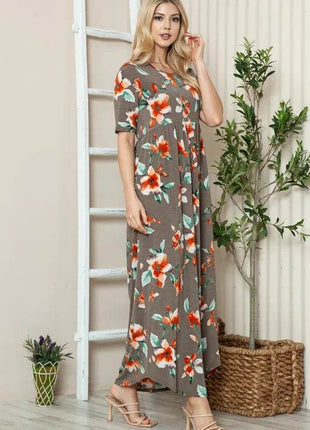 BOMBOM Floral Round Neck Short Sleeve Maxi Tee Dress - MimiStylez