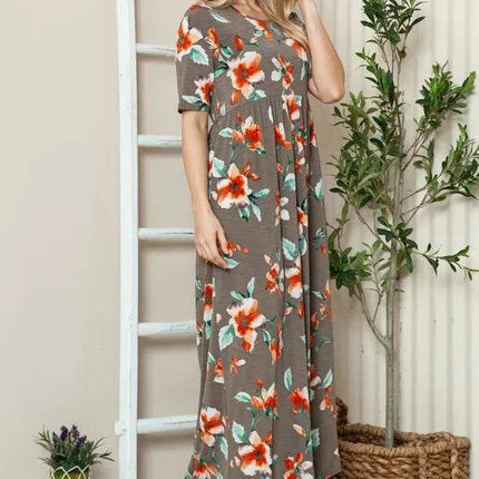 BOMBOM Floral Round Neck Short Sleeve Maxi Tee Dress - MimiStylez