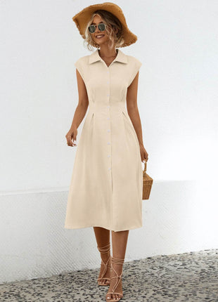 Button Up Cap Sleeve Midi Dress - MimiStylez