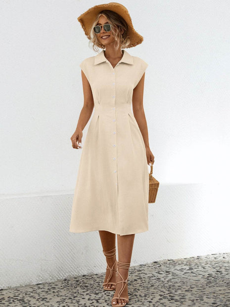 Button Up Cap Sleeve Midi Dress - MimiStylez