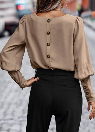 Round Neck Lantern Sleeve Blouse - MimiStylez