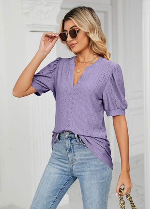 Eyelet Short Puff Sleeve Notched Neck Top - MimiStylez