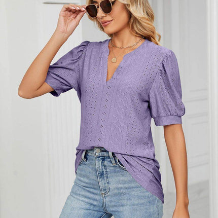 Eyelet Short Puff Sleeve Notched Neck Top - MimiStylez