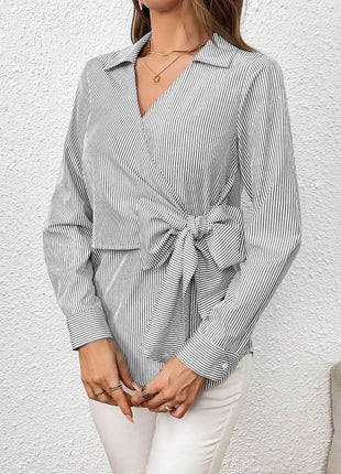 Bow Tie Waist Johnny Collar Neck Striped Blouse - MimiStylez
