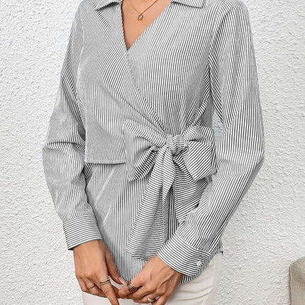 Bow Tie Waist Johnny Collar Neck Striped Blouse - MimiStylez
