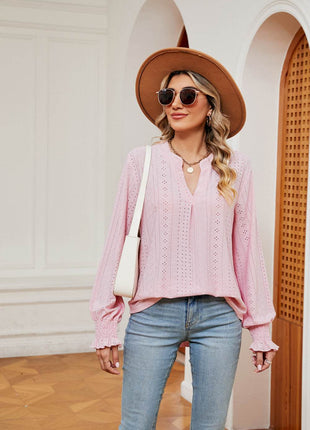 Notched Neck Flounce Sleeve Blouse - MimiStylez