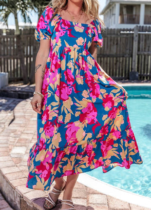Printed Square Neck Short Sleeve Midi Dress - MimiStylez