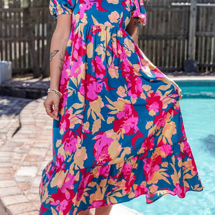Printed Square Neck Short Sleeve Midi Dress - MimiStylez