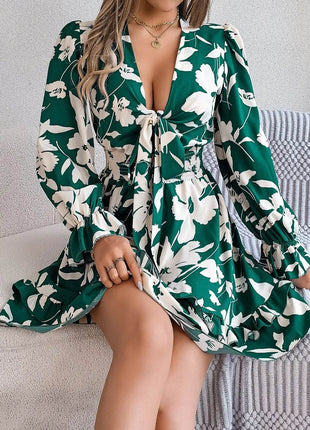 Tied Ruffled Printed Long Sleeve Dress - MimiStylez