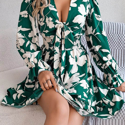 Tied Ruffled Printed Long Sleeve Dress - MimiStylez