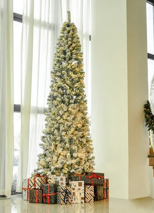 9FT Pre-Lit Snow-Flocked Slim Douglas Fir Christmas Tree With Realistic Branches, 550 LED Lights And 988 Tips