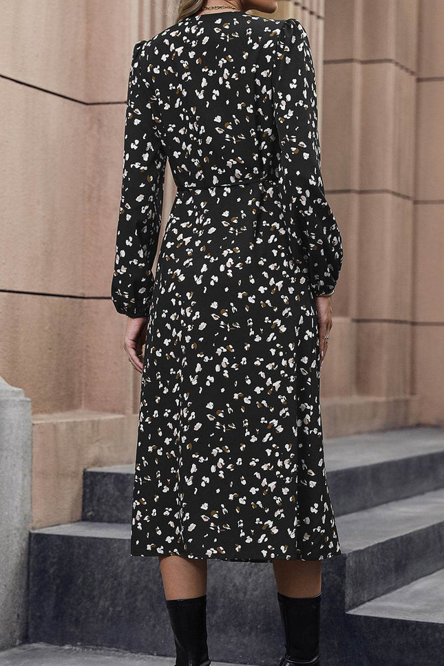 Printed Surplice Neck Long Sleeve Dress - MimiStylez