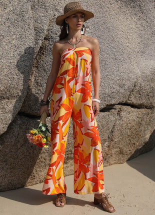 Tied Printed Tube Wide Leg Jumpsuit - MimiStylez