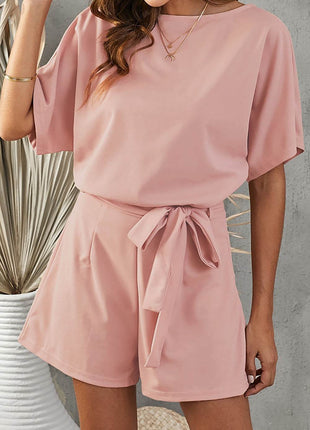 Tie Belt Short Sleeve Romper - MimiStylez