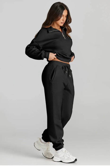Quarter Zip Top and Drawstring Pants Active Set - MimiStylez