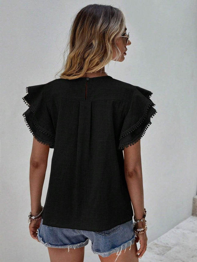 Ruffled Cap Sleeve Round Neck Blouse - MimiStylez