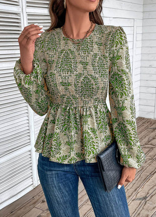 Smocked Printed Balloon Sleeve Blouse - MimiStylez
