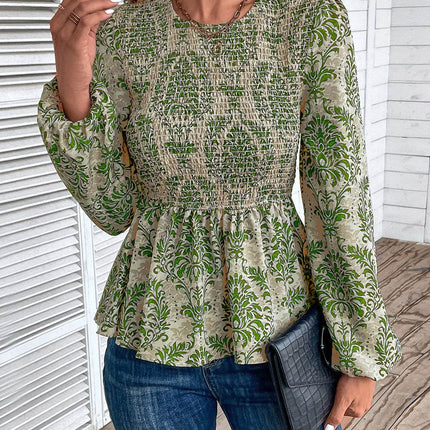 Smocked Printed Balloon Sleeve Blouse - MimiStylez