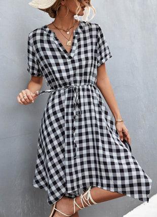 Plaid Notched Short Sleeve Dress - MimiStylez