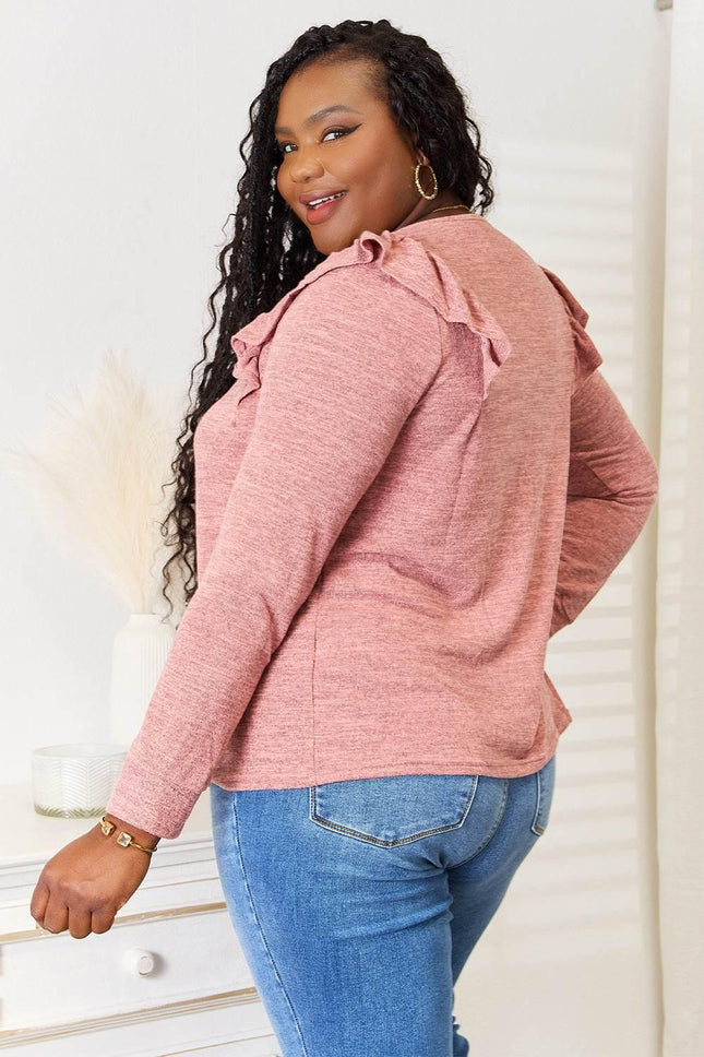 Double Take Square Neck Ruffle Shoulder Long Sleeve T-Shirt - MimiStylez