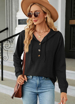 Drawstring Half Button Long Sleeve Hoodie - MimiStylez