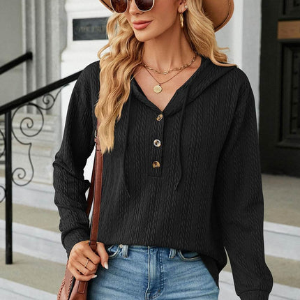 Drawstring Half Button Long Sleeve Hoodie - MimiStylez