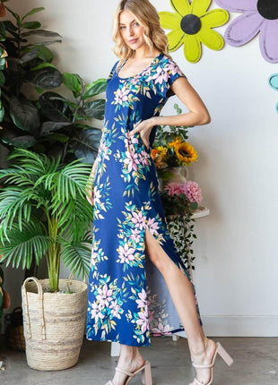 Heimish Full Size Floral Short Sleeve Slit Dress - MimiStylez