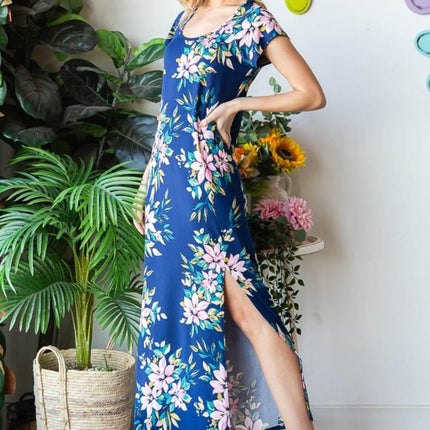 Heimish Full Size Floral Short Sleeve Slit Dress - MimiStylez