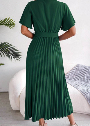 Pleated Flutter Sleeve Belted Dress - MimiStylez