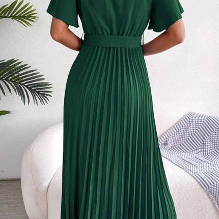 Pleated Flutter Sleeve Belted Dress - MimiStylez