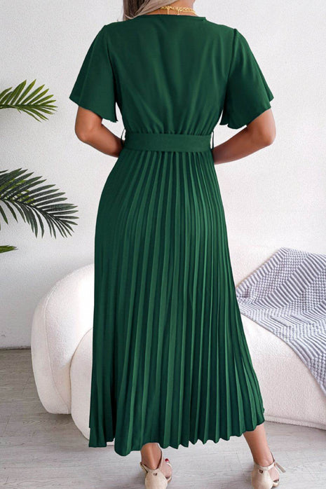 Pleated Flutter Sleeve Belted Dress - MimiStylez