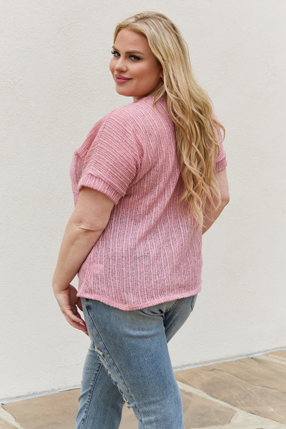 Full Size Chunky Knit Short Sleeve Top in Mauve