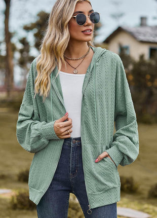 Drawstring Zip Up Dropped Shoulder Hoodie - MimiStylez