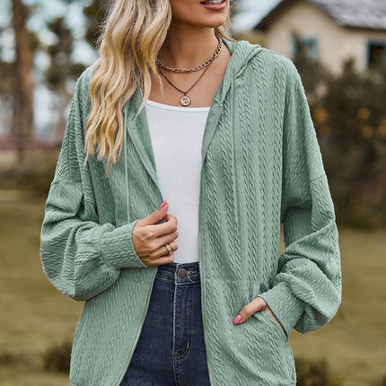 Drawstring Zip Up Dropped Shoulder Hoodie - MimiStylez