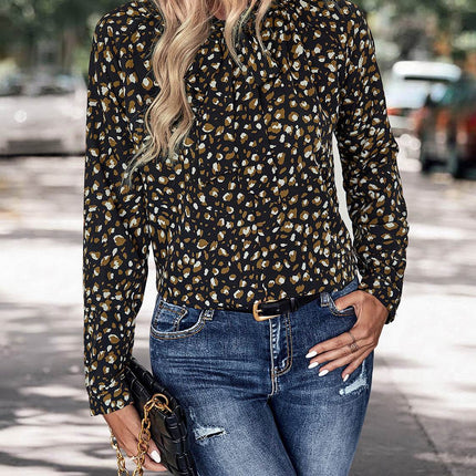 Printed Tie Neck Long Sleeve Top - MimiStylez
