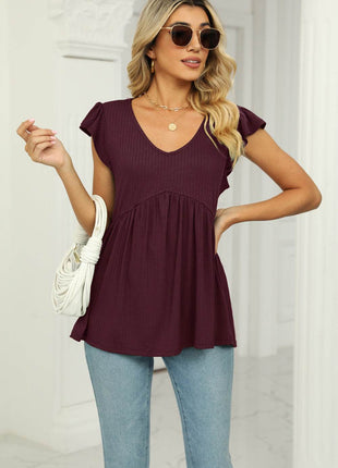 V-Neck Flutter Sleeve Babydoll Blouse - MimiStylez