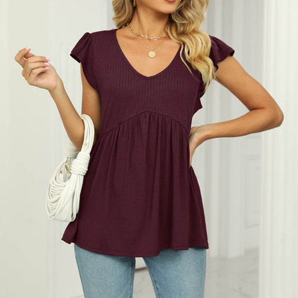 V-Neck Flutter Sleeve Babydoll Blouse - MimiStylez