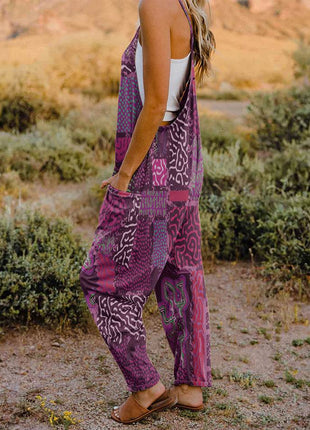 Full Size Printed V-Neck Sleeveless Jumpsuit - MimiStylez