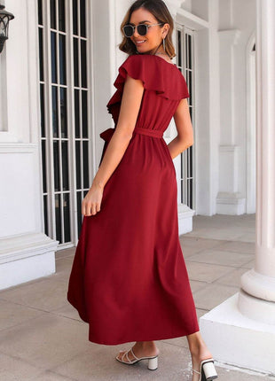 Ruffled Surplice Tie Waist Slit Midi Dress - MimiStylez