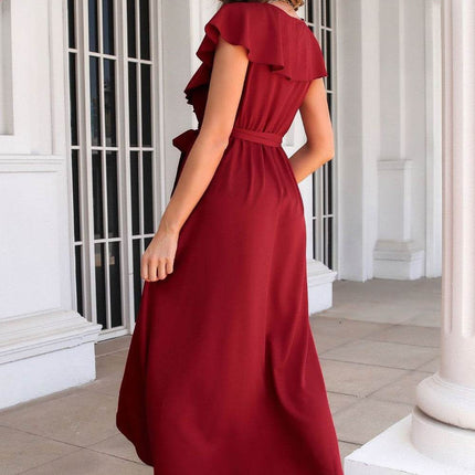 Ruffled Surplice Tie Waist Slit Midi Dress - MimiStylez