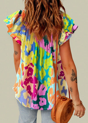 Ruffled Printed Tie Neck Cap Sleeve Blouse - MimiStylez