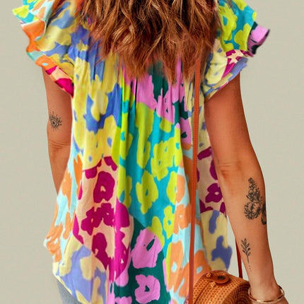 Ruffled Printed Tie Neck Cap Sleeve Blouse - MimiStylez