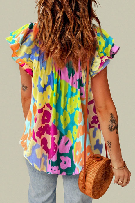 Ruffled Printed Tie Neck Cap Sleeve Blouse - MimiStylez