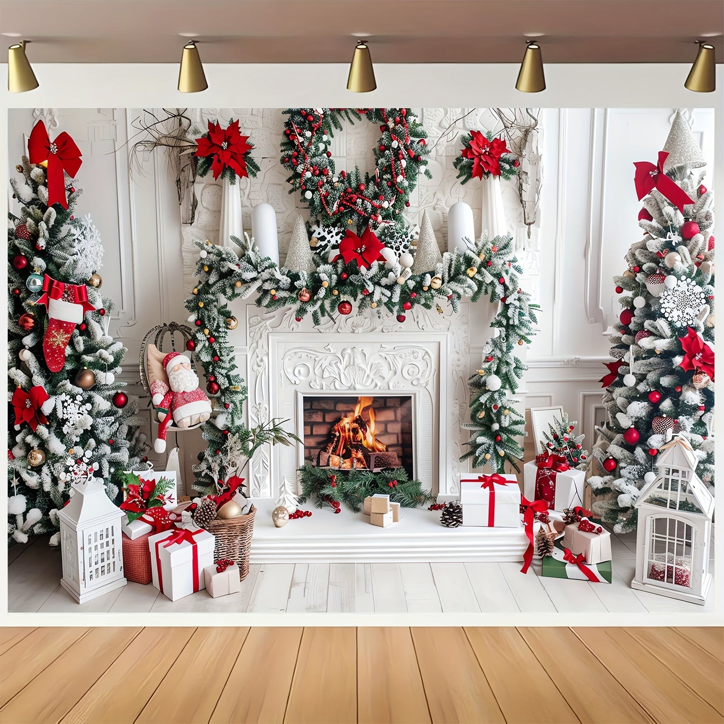 1pc White Christmas Fireplace Photo Background - Festive Holiday Photography Prop for Party Decorations, Photo Booths, and Christmas Celebrations - Durable, Waterproof, and Easy to Set Up