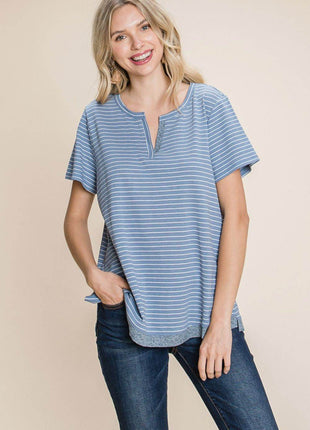 Cotton Bleu by Nu Lab Slit Striped Notched Short Sleeve T-Shirt - MimiStylez