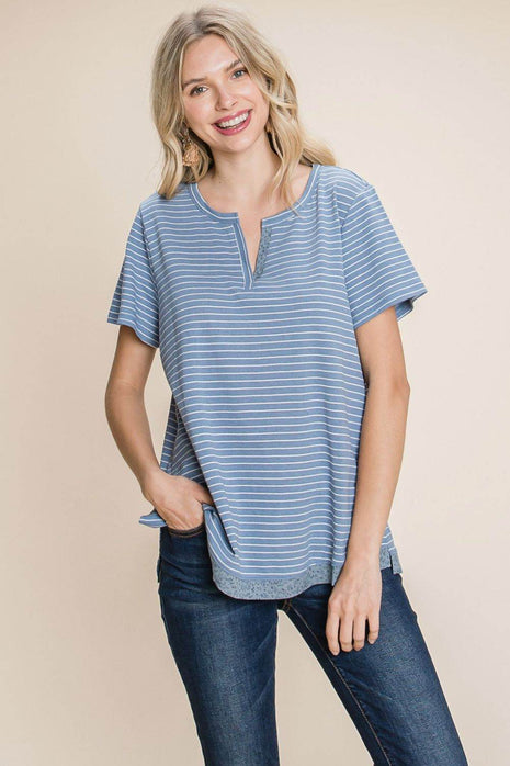 Cotton Bleu by Nu Lab Slit Striped Notched Short Sleeve T-Shirt - MimiStylez