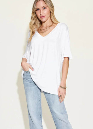 Basic Bae Full Size Bamboo V-Neck Drop Shoulder T-Shirt - MimiStylez