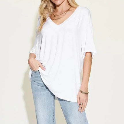 Basic Bae Full Size Bamboo V-Neck Drop Shoulder T-Shirt - MimiStylez